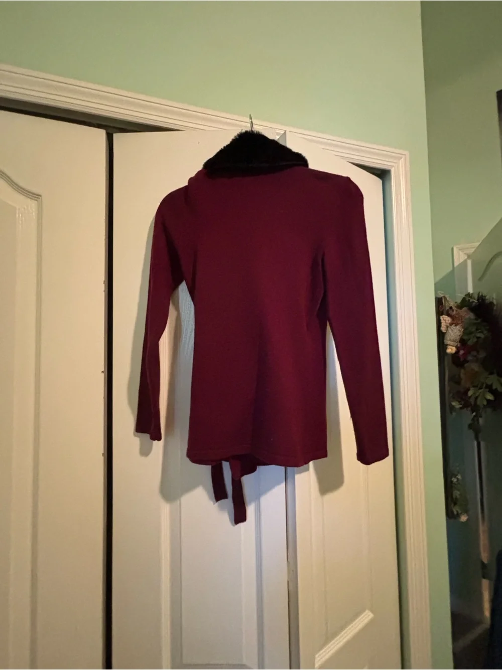 Talbots Burgundy Wrap Sweater with Faux Fur Collar
